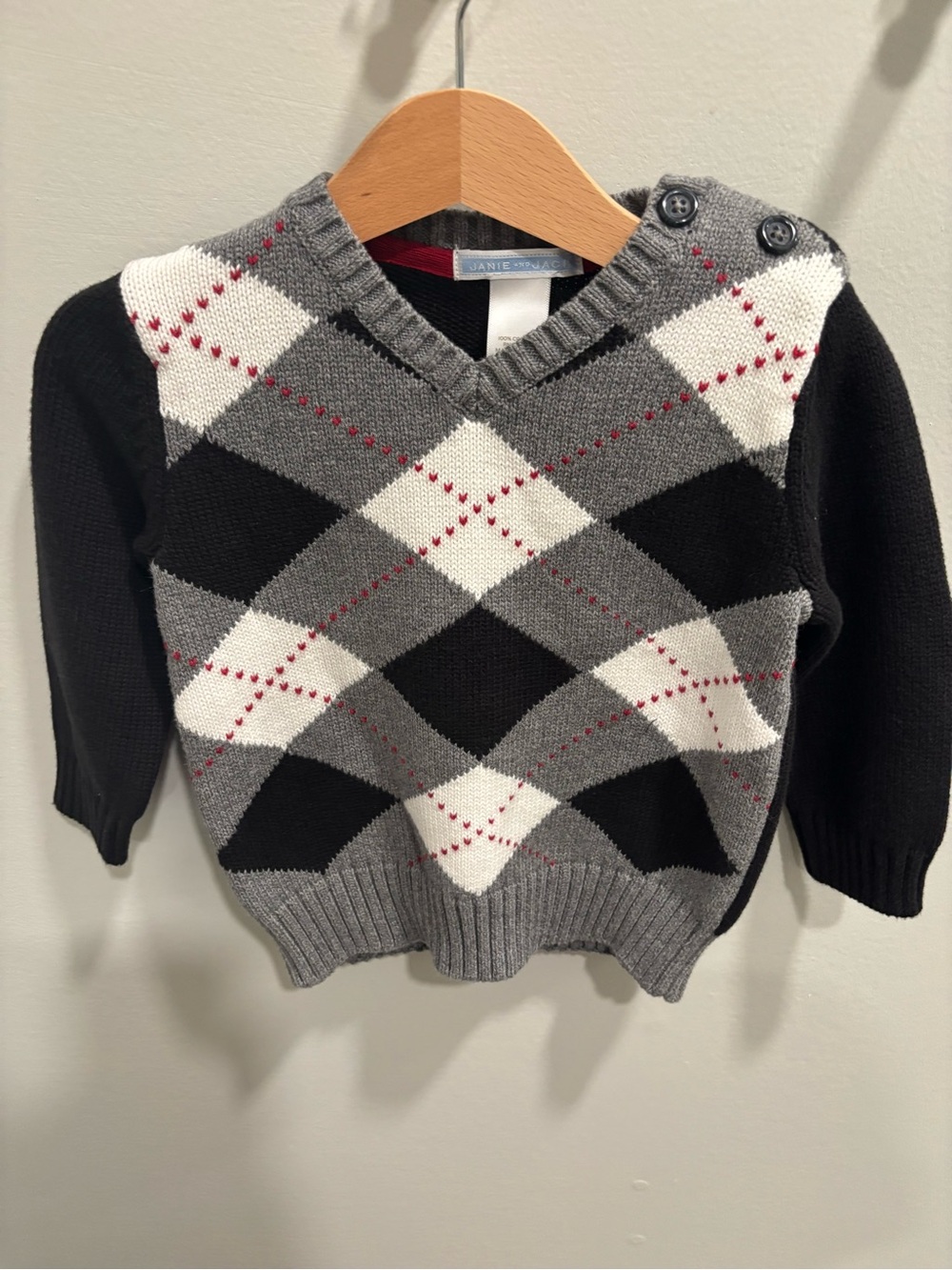 Janie & Jack 12-18 months Argyle Knit V-Neck Sweater - Gray/Black